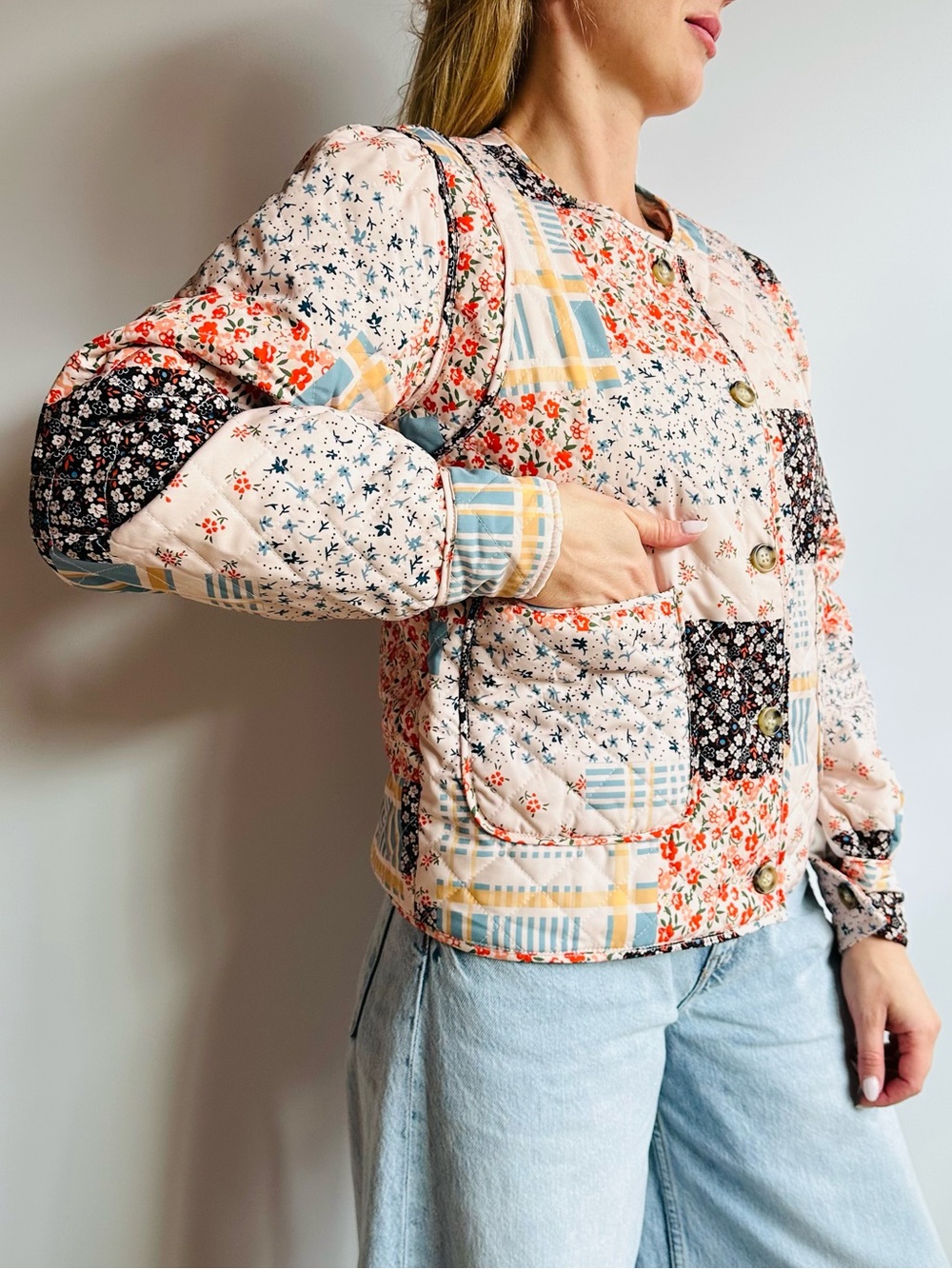 Pink Ripple Floral Patchwork Quilted Jacket Collarless Button Front Cottagecore